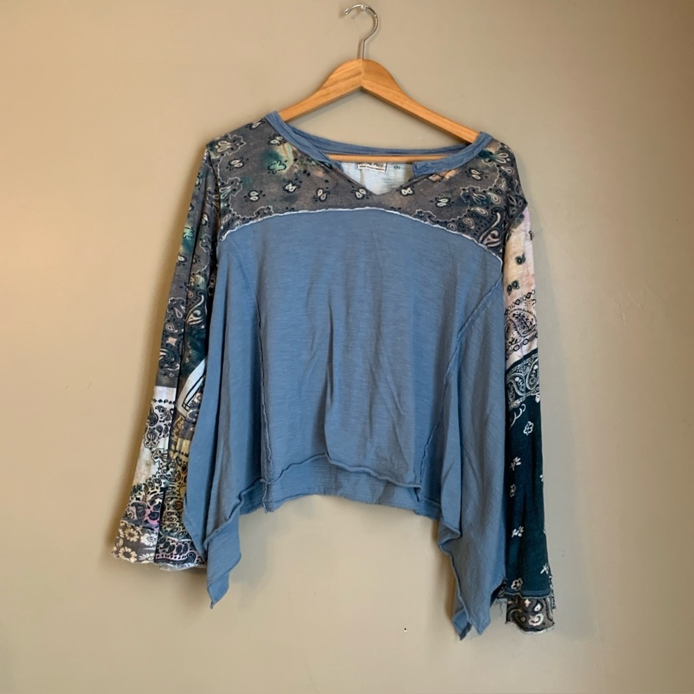 We The Free Free People Shirt Top Bell Flair Long Sleeve Mixed Fabrics Bohemian
